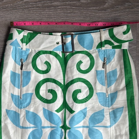 Tory Burch Vintage-Inspired Green & Blue Leaf Print Mini Skirt with Belt 4 - Picture 3 of 7